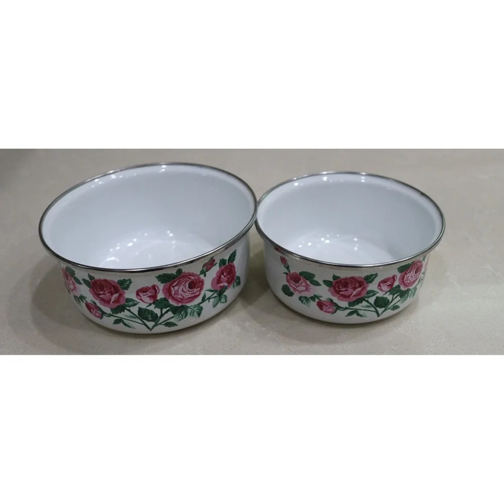 Vintage Enamelware Pink Rose Floral Nesting Bowls Set of 2 White Silver Rim